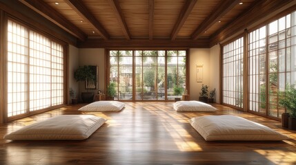 A Japanese-style room with tatami mats and a view of a garden