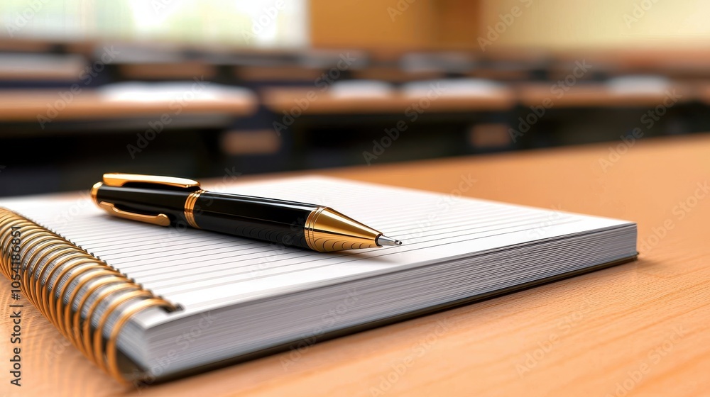 Poster a ballpoint pen gliding across a notebook during a classroom lecture.