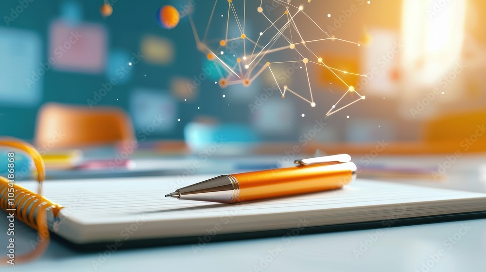 Poster a ballpoint pen gliding across a notebook during a classroom lecture.