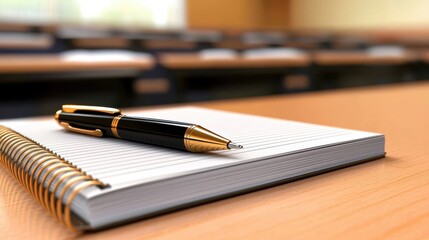 Fototapeta premium A ballpoint pen gliding across a notebook during a classroom lecture.