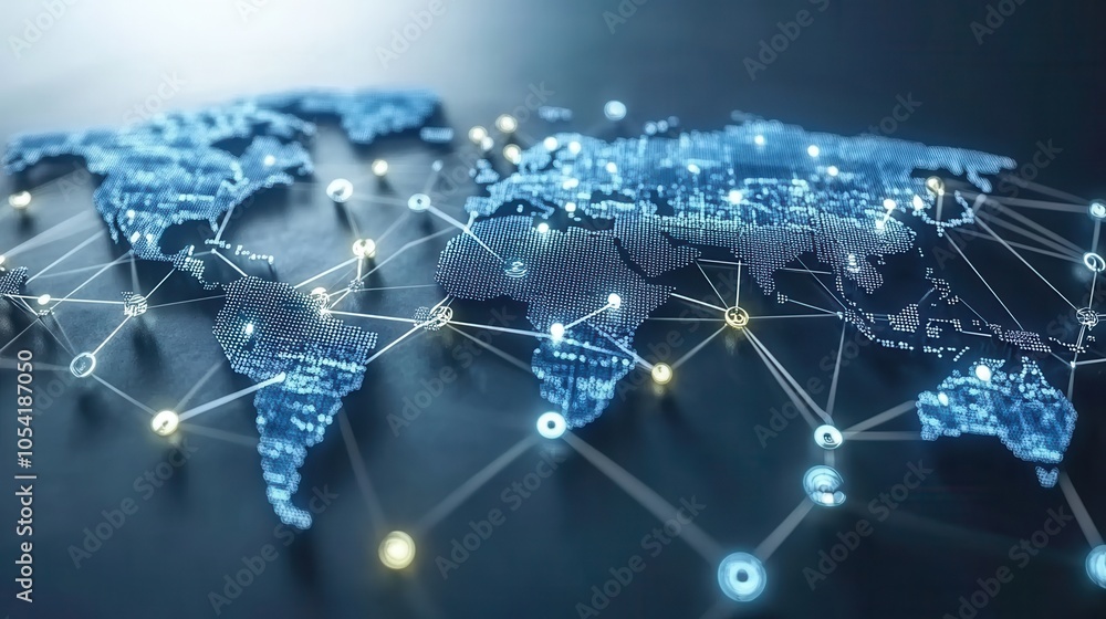Poster a digital world map depicting global connections with glowing links and nodes representing data exch