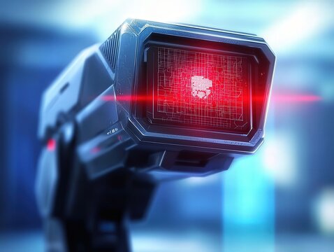 Futuristic Surveillance Camera with Red Laser Focus and Skull Icon Display - Powered by Adobe