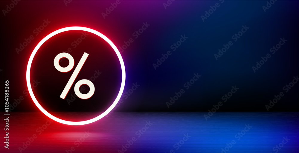 Poster product showcase and shining neon frame with sale sign. 3d vector banner with copy space