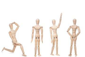 Wooden Art Mannequins in Various Poses on White Background