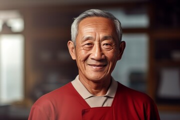 Naklejka premium Portrait of a happy asian elderly man in his 90s wearing a sporty polo shirt in scandinavian-style interior background