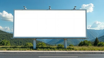 Fototapeta premium White billboard near the road, clean minimalist design, large and empty, ready for custom text or graphics. horizontal advertisement mockup, summer wheather
