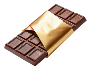 Delicious chocolate bar wrapped in golden foil, perfect for satisfying sweet cravings and desserts. Ideal for promotional and culinary purposes.