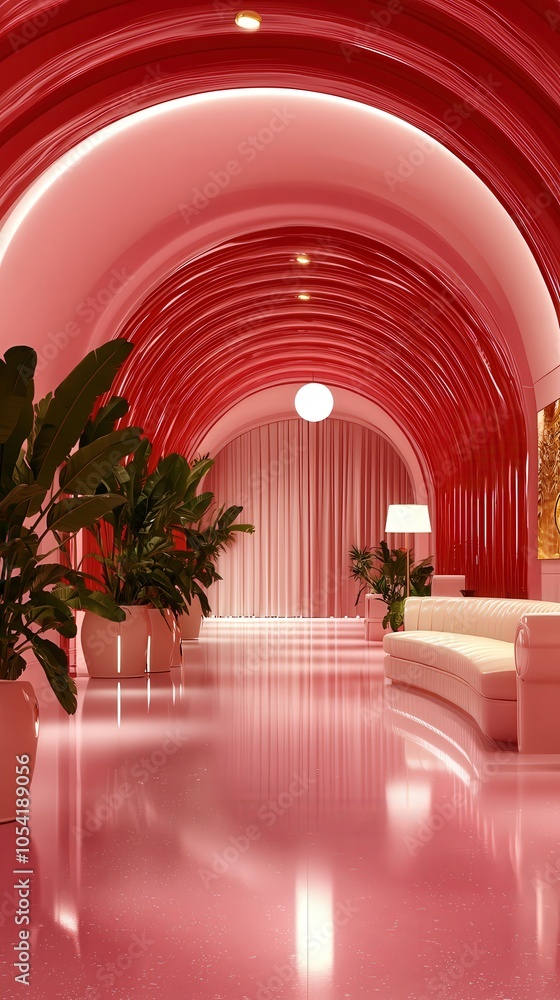 Poster exploring a vibrant pink architectural space with curved structures and lush greenery
