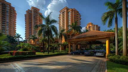 Luxury apartment complex entrance with palm trees and a covered driveway.