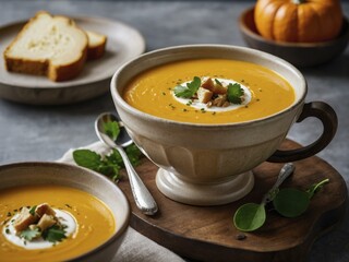 Creamy Pumpkin Soup with Croutons and Parsley Garnish