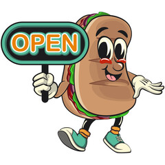 Naklejka premium Sub Sandwich cartoon mascot illustration character vector showing a sign that says open, work of hand drawn