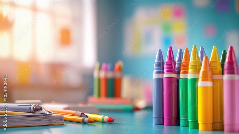 Poster a colorful assortment of markers and crayons placed neatly in a classroom setting.