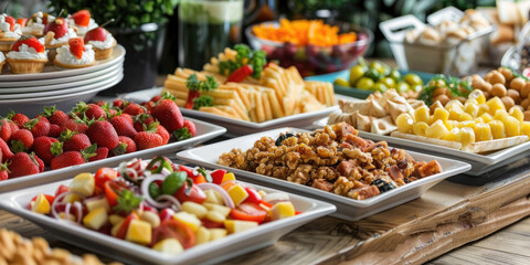 Obraz premium catering company, corporate canteen, assortment of dishes and snacks, buffet for a business party, serving dishes at the event