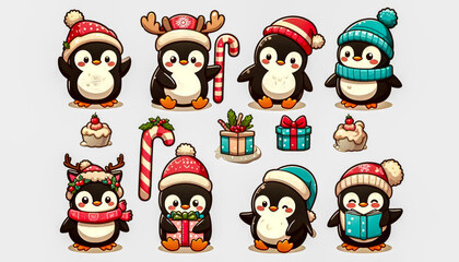 Fototapeta premium Watercolor Clipart set of Cute penguins with Christmas decorations, isolated on a white background 