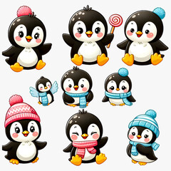 Watercolor Clipart set of Cute penguins with Christmas decorations, isolated on a white background 