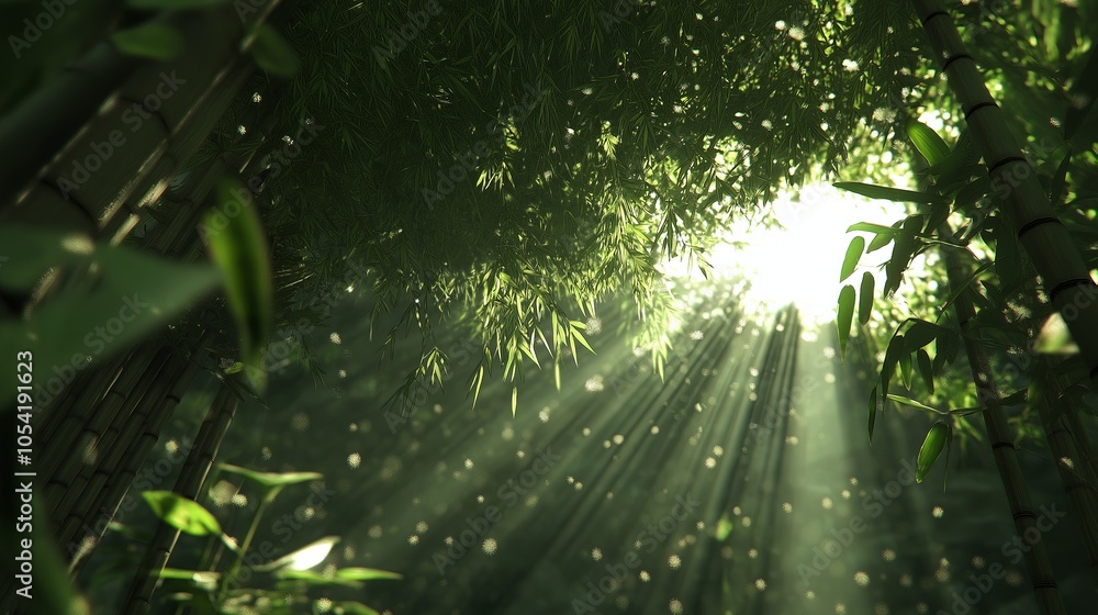 Poster Sunbeams filtering through a dense bamboo forest, casting dappled light on the ground below.
