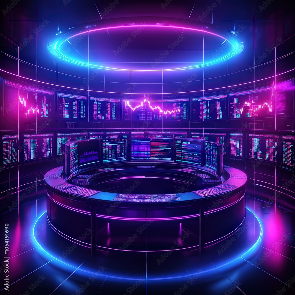 Poster futuristic trading room with neon lights and data visualization elements
