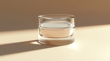A clear glass container sits on a smooth surface, revealing a creamy substance inside. Soft sunlight casts delicate shadows, enhancing the minimalist aesthetic of the tranquil indoor setting.