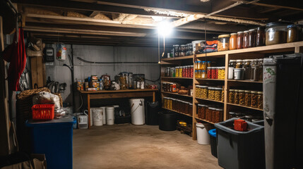 Fototapeta premium A prepper's basement, well-lit and stocked with canned food in glass jars, water storage containers, and other related items for emergency preparedness. 