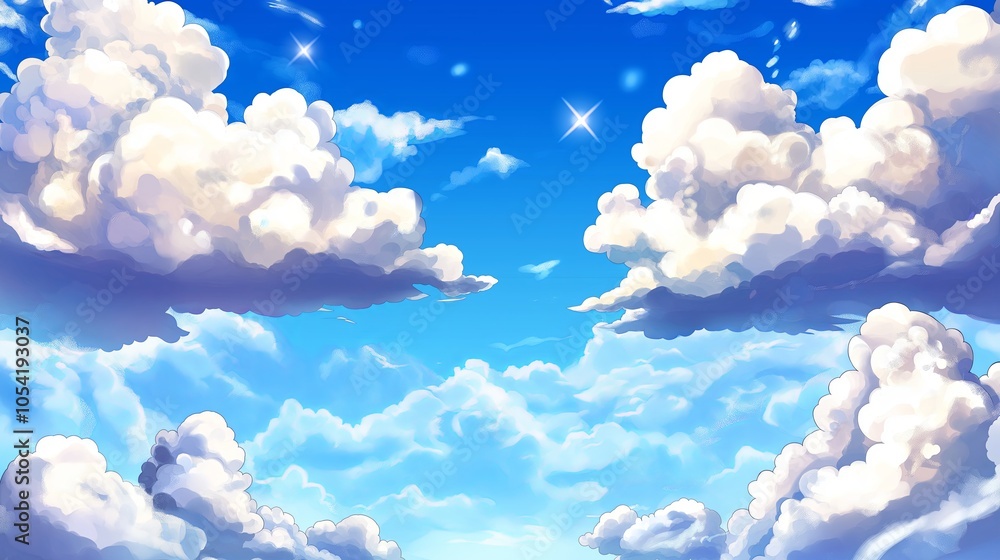 Poster Fluffy white clouds floating against a bright, clear blue sky, creating a cheerful and open atmosphere. 