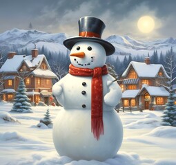 Obraz premium Illustration of funny snowman with winter landscape.