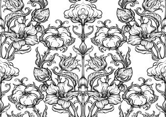 Pure cotton Seamless pattern, background. Vector illustration. In botanical art nouveau style, vintage, old, retro style.