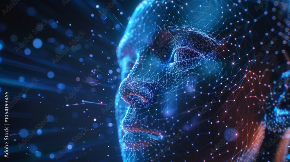 Poster artificial intelligence is forming a three dimensional face with futuristic polygonal lines and glow