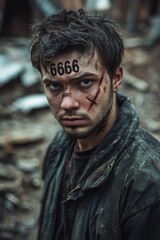 Obraz premium A survivor navigating through a harsh and desolate postapocalyptic world, marked by battle scars and struggles ahead