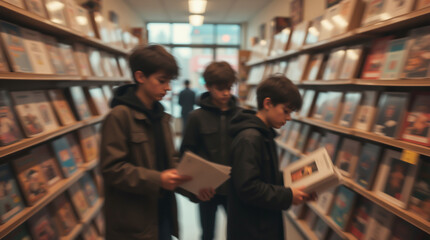 Bookstore with shelves filled with comics and children reading one of them