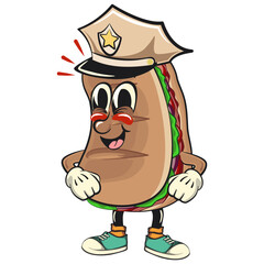 Sub Sandwich cartoon mascot illustration character vector as a policeman, work of hand drawn