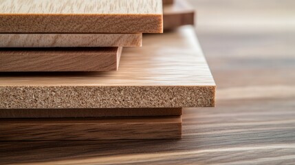 Fototapeta premium Stack of wood laminate and particleboard samples with various textures and finishes. Material selection concept for furniture and interior design.