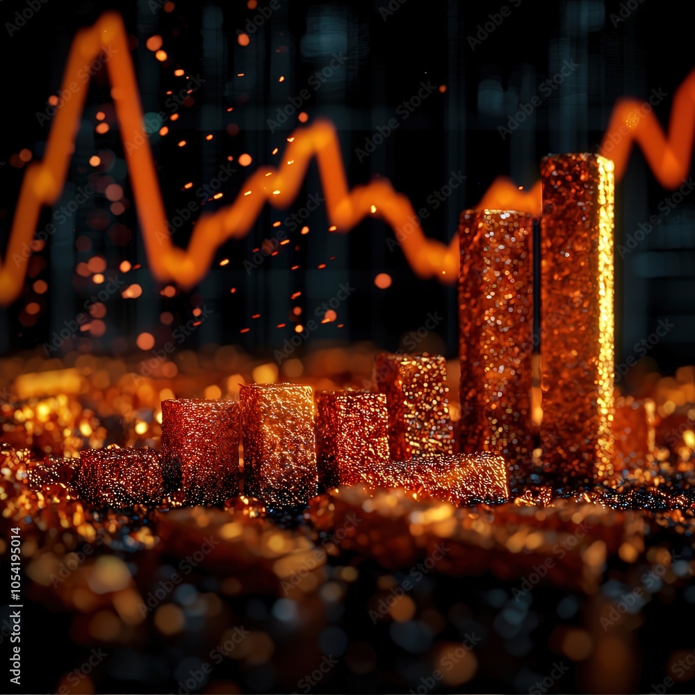Poster dynamic visualization of financial growth with glimmering gold bars and rising graphs