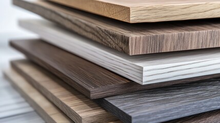 Stack of wood laminate and particleboard samples with various textures and finishes. Material selection concept for furniture and interior design.