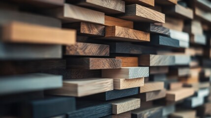 Stack of wood laminate and particleboard samples with various textures and finishes. Material selection concept for furniture and interior design.
