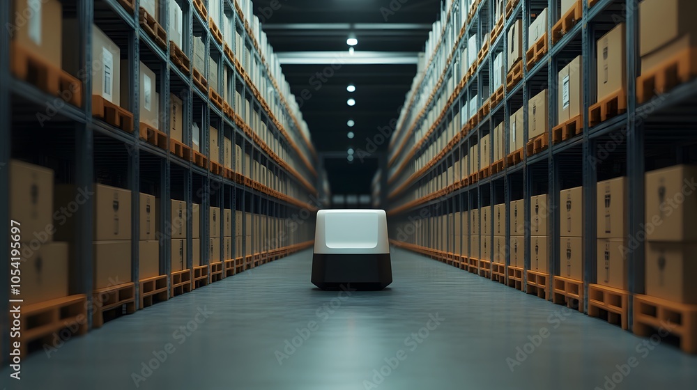 Poster modern warehouse with automated delivery robot