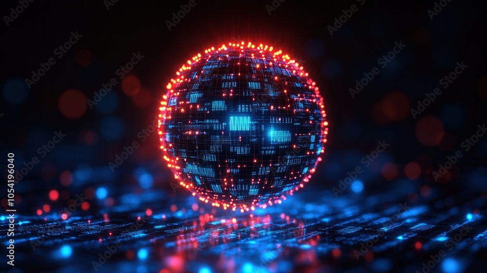 Poster a futuristic glowing sphere with intricate patterns and vibrant colors, set against a dark, tech-ins