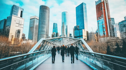 Naklejka premium Crowd of pedestrians crossing a modern bridge surrounded by skyscrapers under a clear blue sky