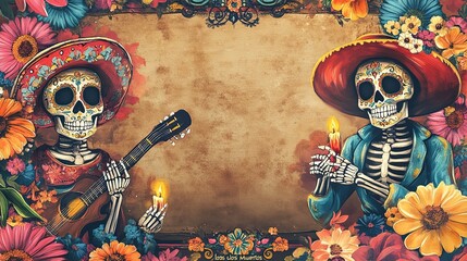 Day of the Dead theme Di­a de los Muertos banner mockup with empty space for text ,colorful skull mask, Mexican retro hand-painted style, Generative Ai 