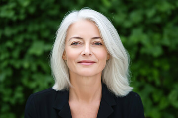Fototapeta premium Elegant Mature Woman with Silver Hair Smiling Confidently Outdoors, Representing Timeless Beauty, Confidence, and Graceful Aging