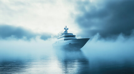 Futuristic icebreaker ship exploring misty Arctic waters equipped with advanced technology