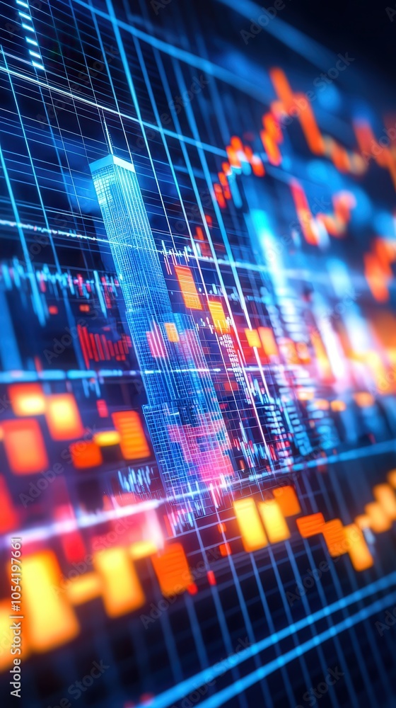 Poster dynamic data visualization of financial markets with futuristic elements and skyline