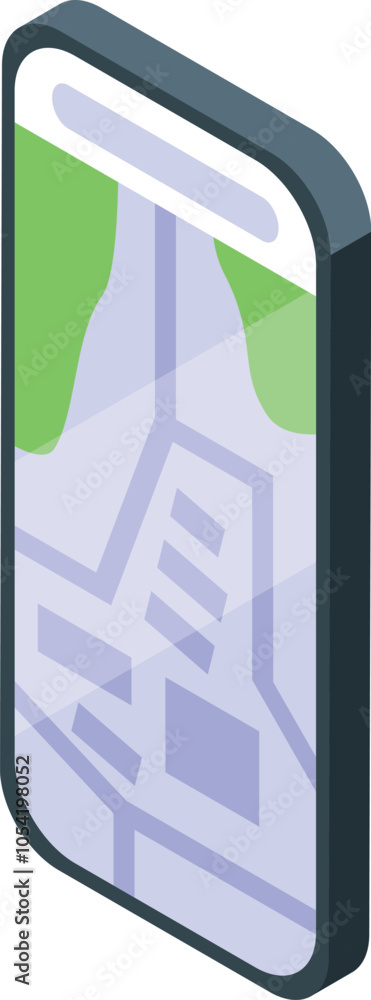 Poster city map displayed on smartphone screen, providing navigation and location services in isometric per