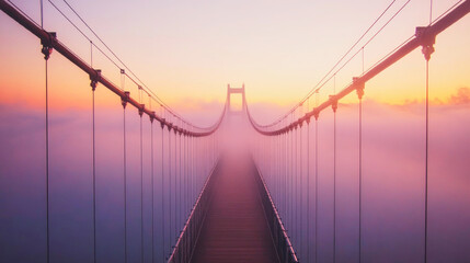Obraz premium Suspension bridge enveloped in fog during a colorful sunrise with vibrant skies