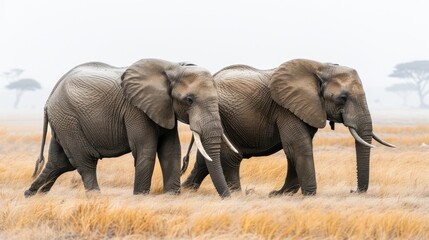 Two elephants wander through tall grass in a beautiful African landscape under misty skies