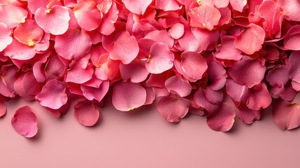 Fototapeta premium Pink Rose Petals Scattered on a Pink Background