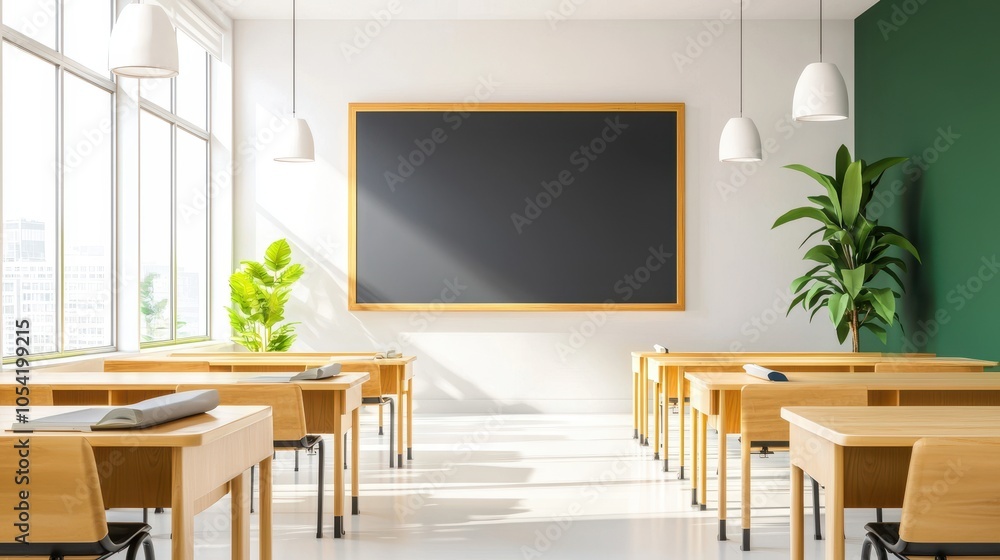Poster a quiet high school classroom with neatly arranged desks and a chalkboard at the front.