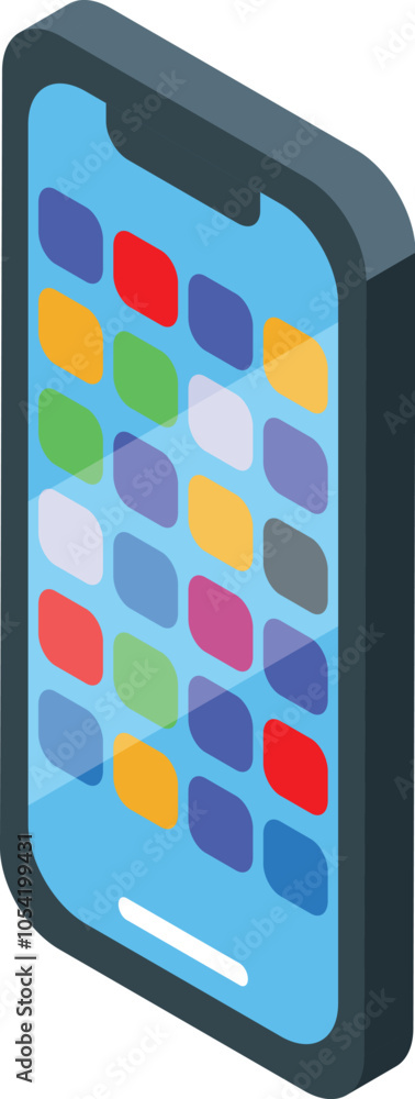 Poster modern smartphone displaying colorful application icons on its screen, visualized in isometric persp