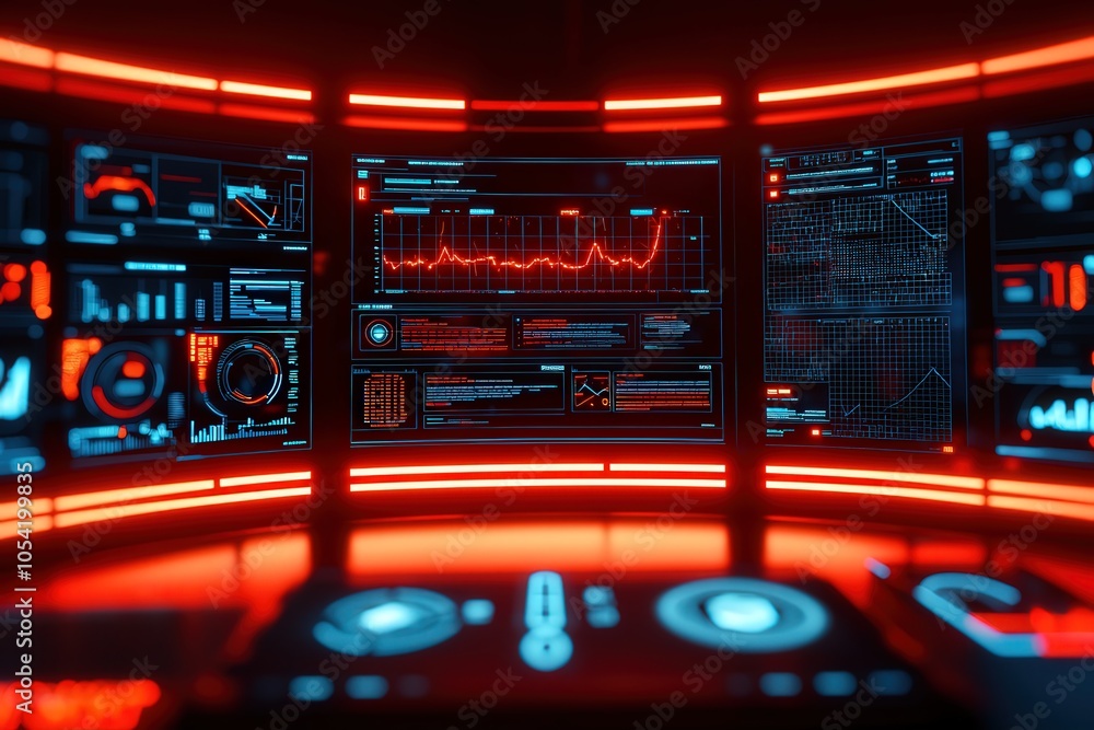 Poster futuristic control room with data visualization interfaces in vibrant red lighting