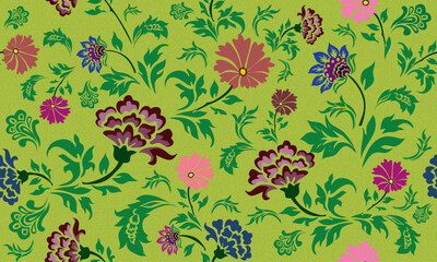 A vibrant and intricate floral pattern on a textured green background. The design features a variety of flowers in different colors and sizes, creating a dynamic and visually appealing composition.