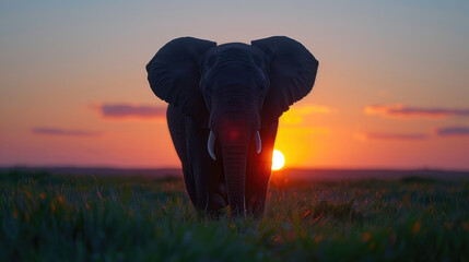 Obraz premium A majestic elephant walking across the savannah at sunset with vibrant colors in the sky